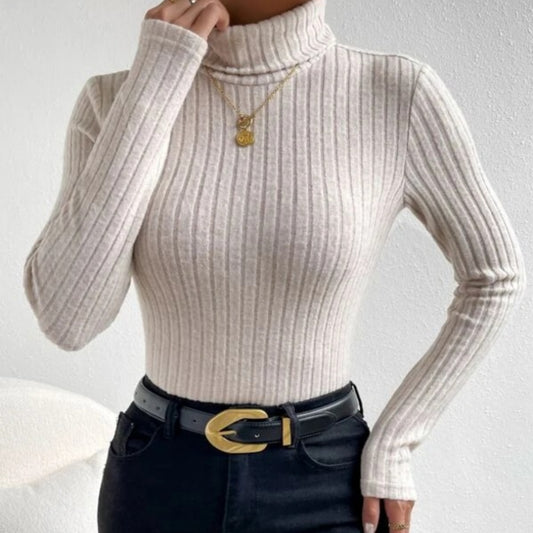 Turtleneck V-neck Long-sleeved Brushed Hollow Striped Knitted Top - MTC LIVE STORE