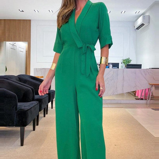 Women's Green Middle Sleeve Lapel Lace-up Jumpsuit - MTC LIVE STORE